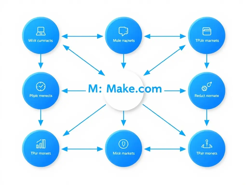 Digital workflow diagram illustrating automated business processes with Make.com, emphasizing efficiency.