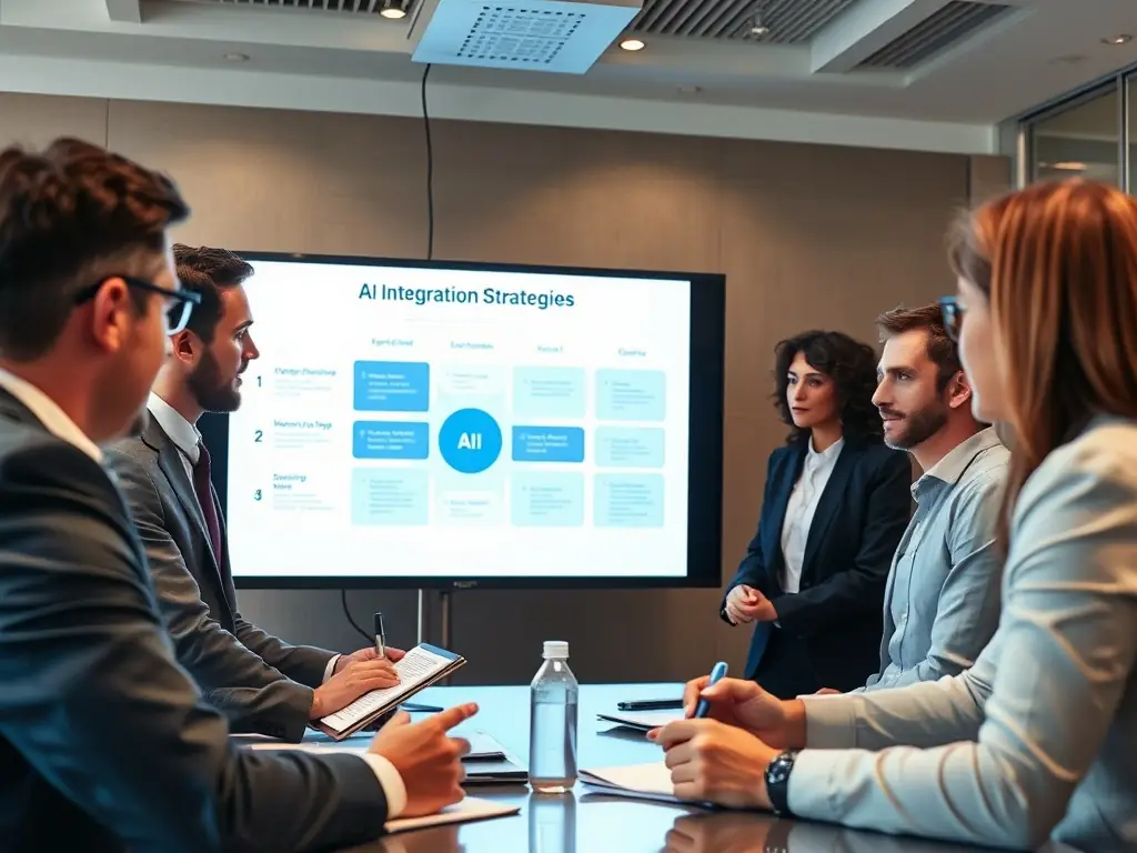 Business consultants and executives discussing AI integration strategies in a strategic planning session.